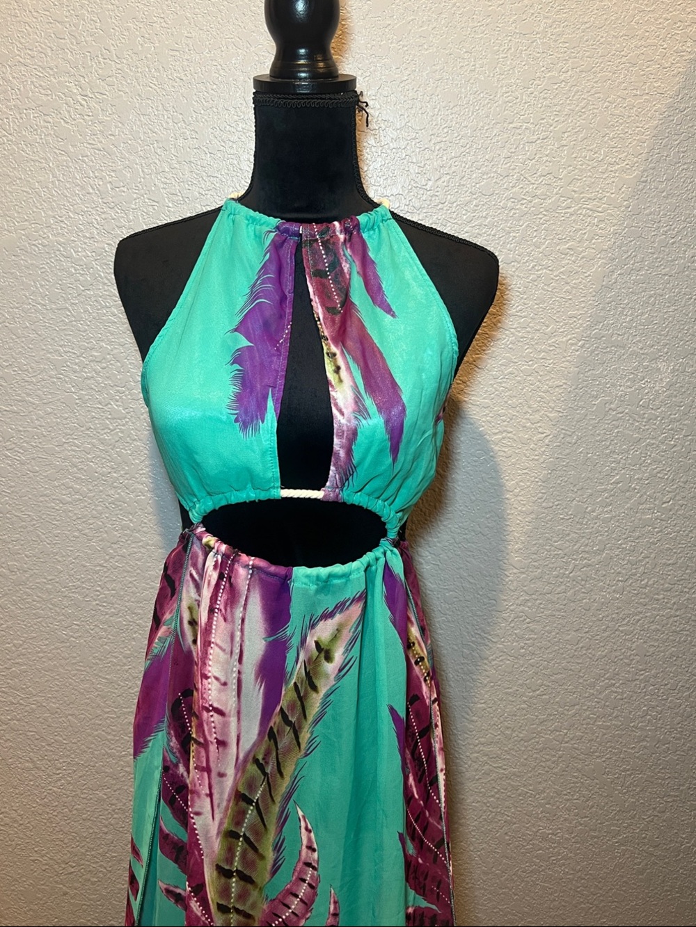 Halter Cutout cover up  Dress in Teal & Purple Feather Print